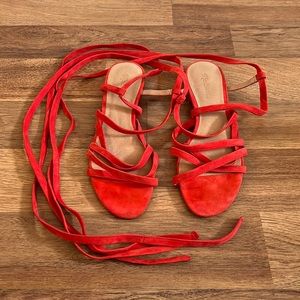 Madewell lace-up suede sandals, poppy red/orange, size 9.5